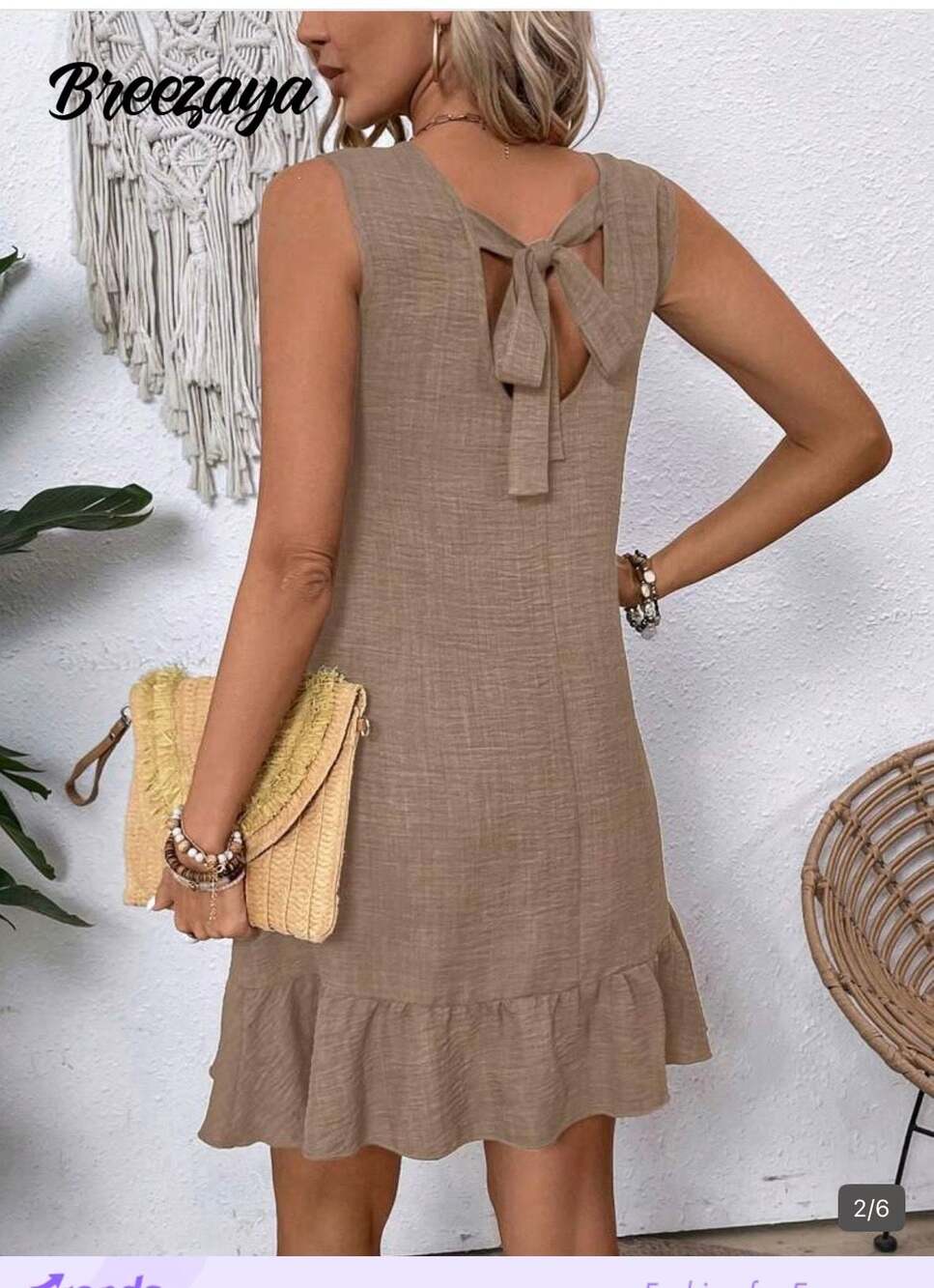 Breezaya Women's Summer Sleeveless Tie-Back Ruffle Hem 2 Dresses Blue and Beige - Picture 2 of 4
